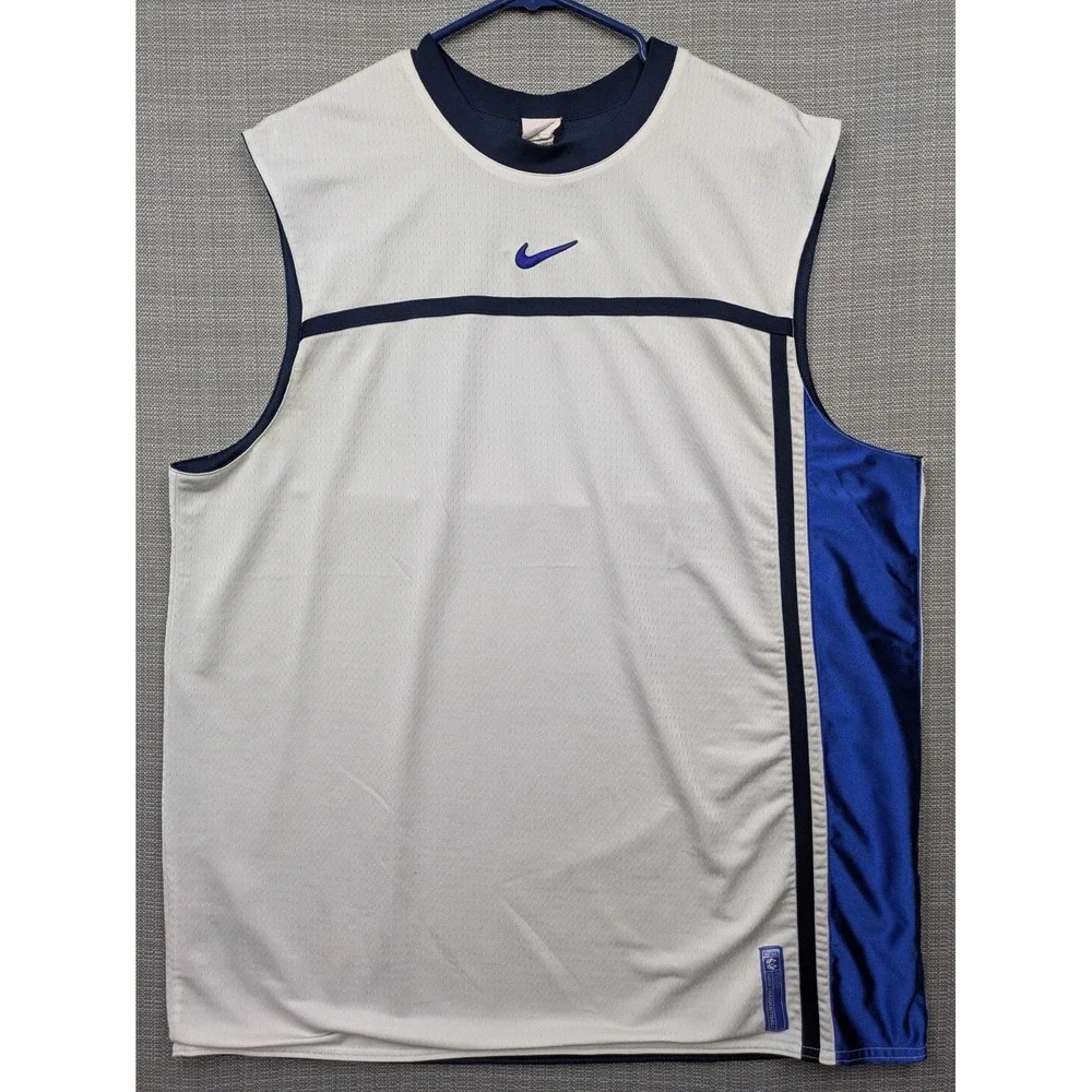 Nike Tank Top Mens 2XL White Mesh Basketball Jersey Sleeveless Blue Trim Retro